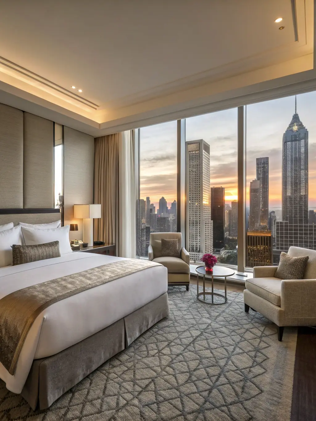 An elegant hotel suite transformed with floral arrangements, ambient lighting, and luxurious decorations for a special surprise.