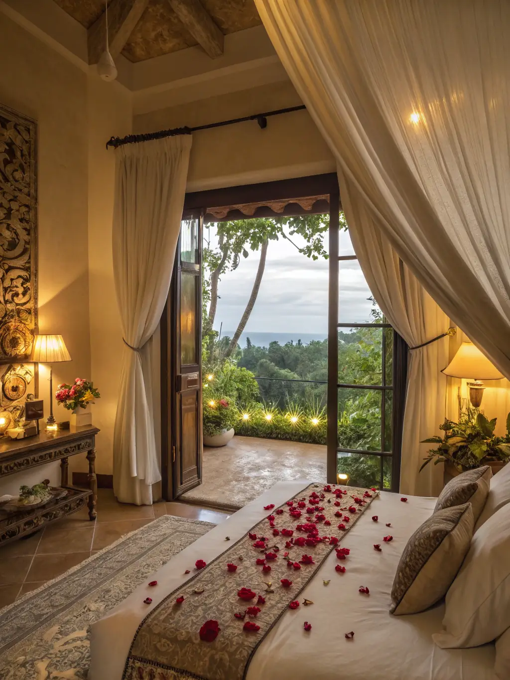 A photograph capturing a surprise proposal setup in a beautifully decorated hotel room, with soft lighting and rose petals scattered around, creating a magical and unforgettable moment.