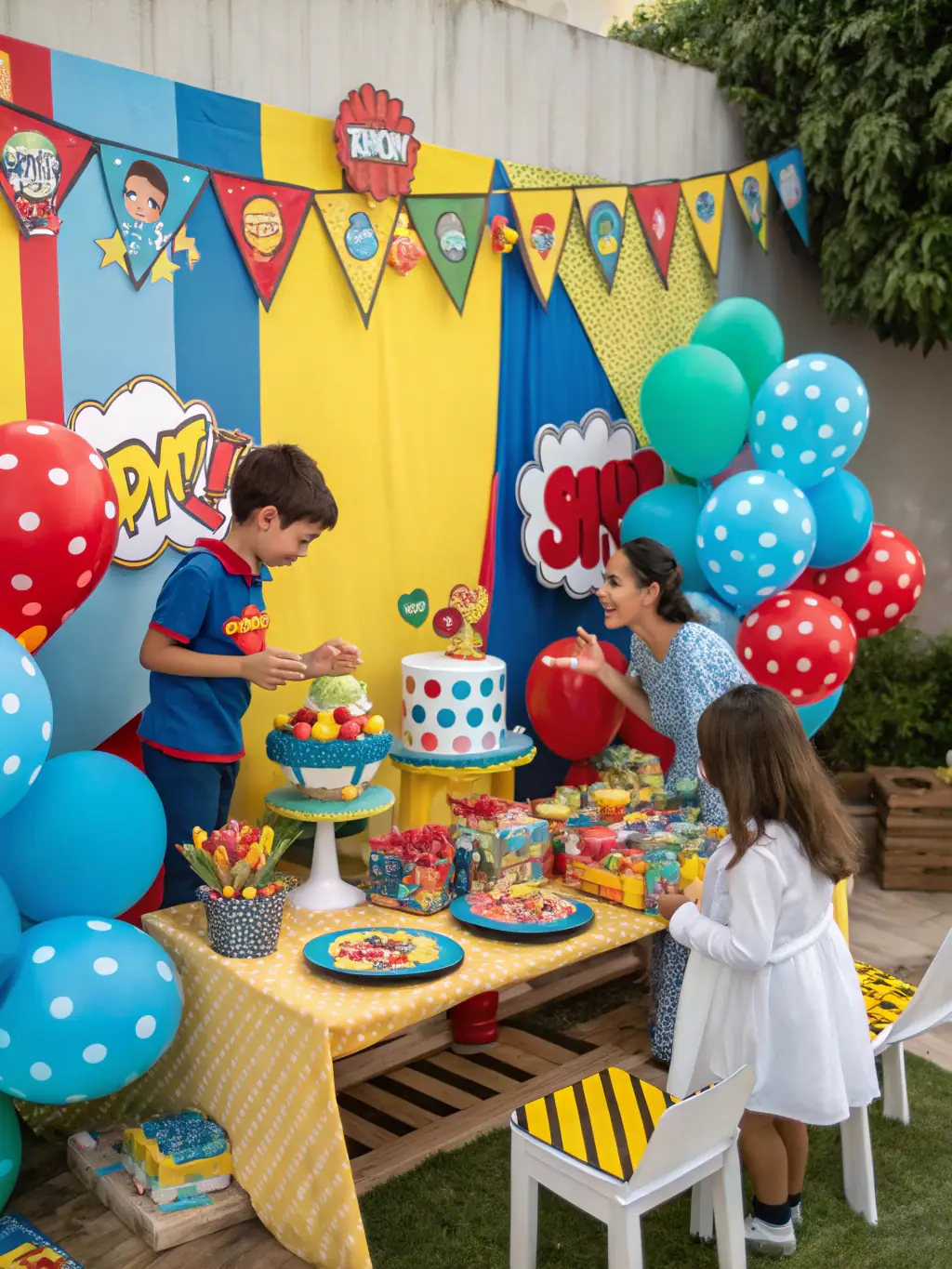 A vibrant and colorful balloon arch at a birthday party, creating a festive and joyful atmosphere.