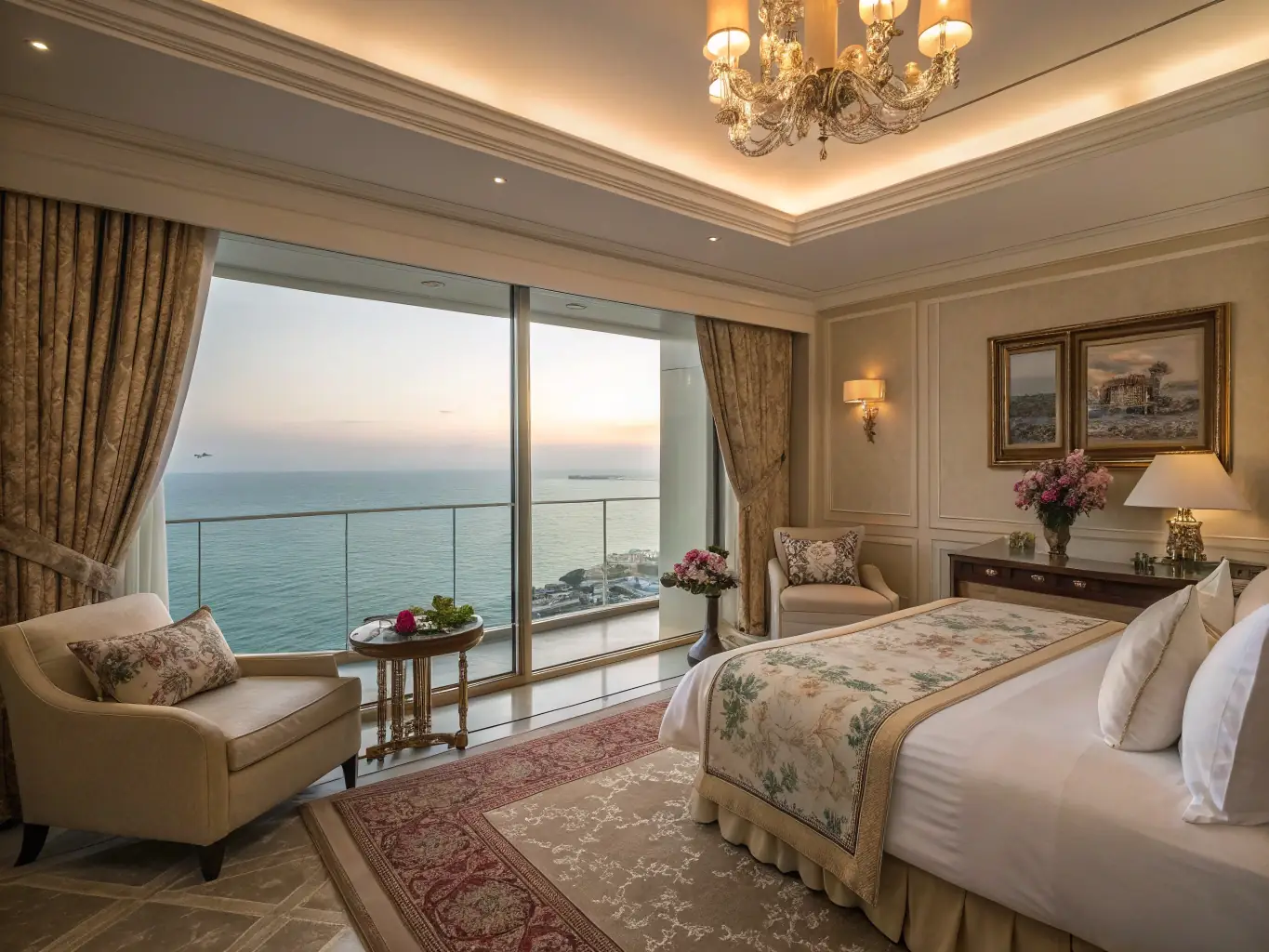 A wide shot of a luxurious hotel suite decorated by Bed of Roses, featuring elegant floral arrangements, soft lighting, and high-quality decorations.