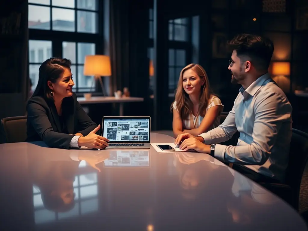 A photograph of a Bed of Roses team member consulting with a client, reviewing design options and discussing personalized themes for their event.
