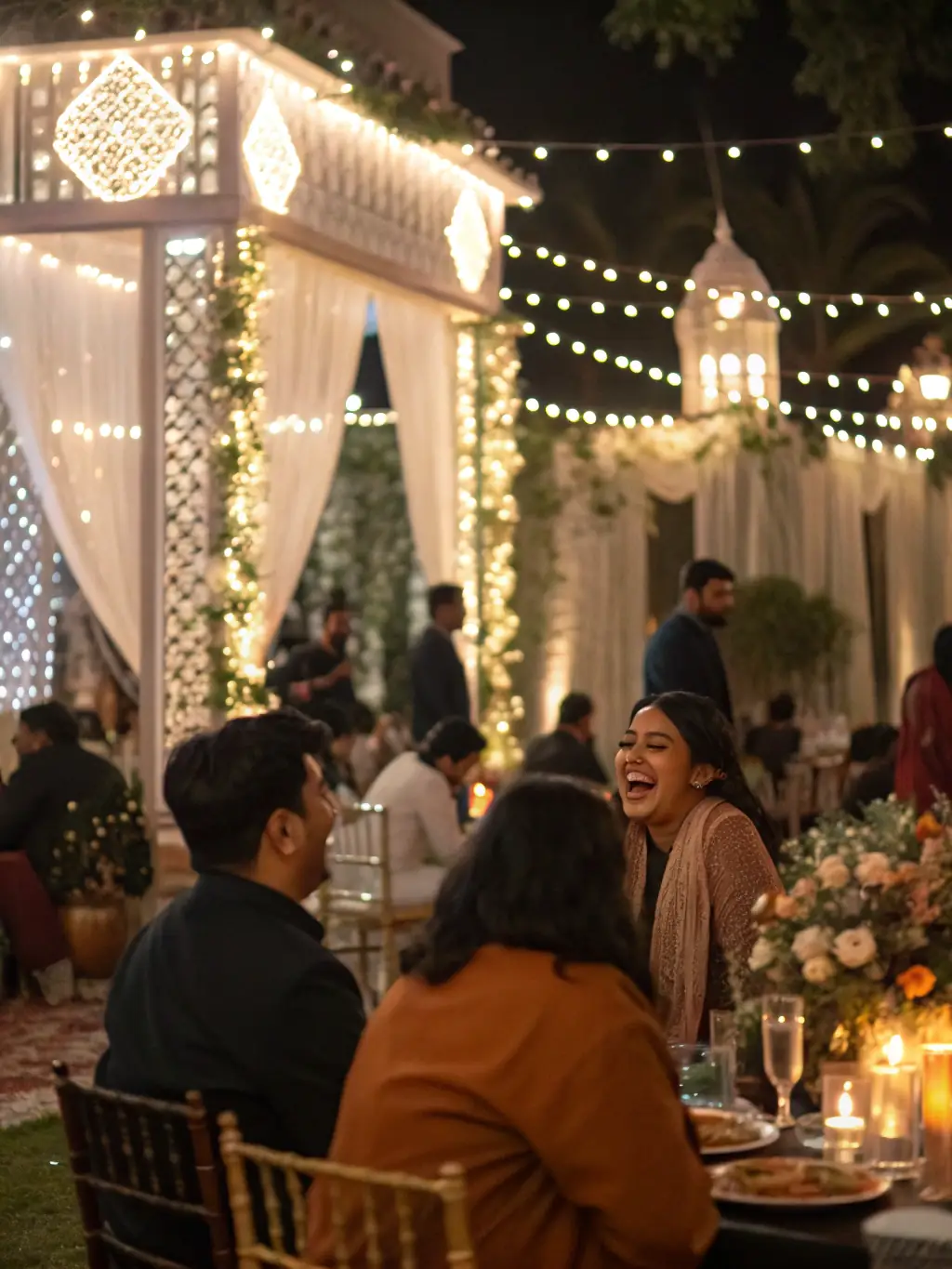 A wide shot of an elegantly decorated event venue, showcasing floral arrangements, ambient lighting, and stylish decor, creating a sophisticated and memorable atmosphere.