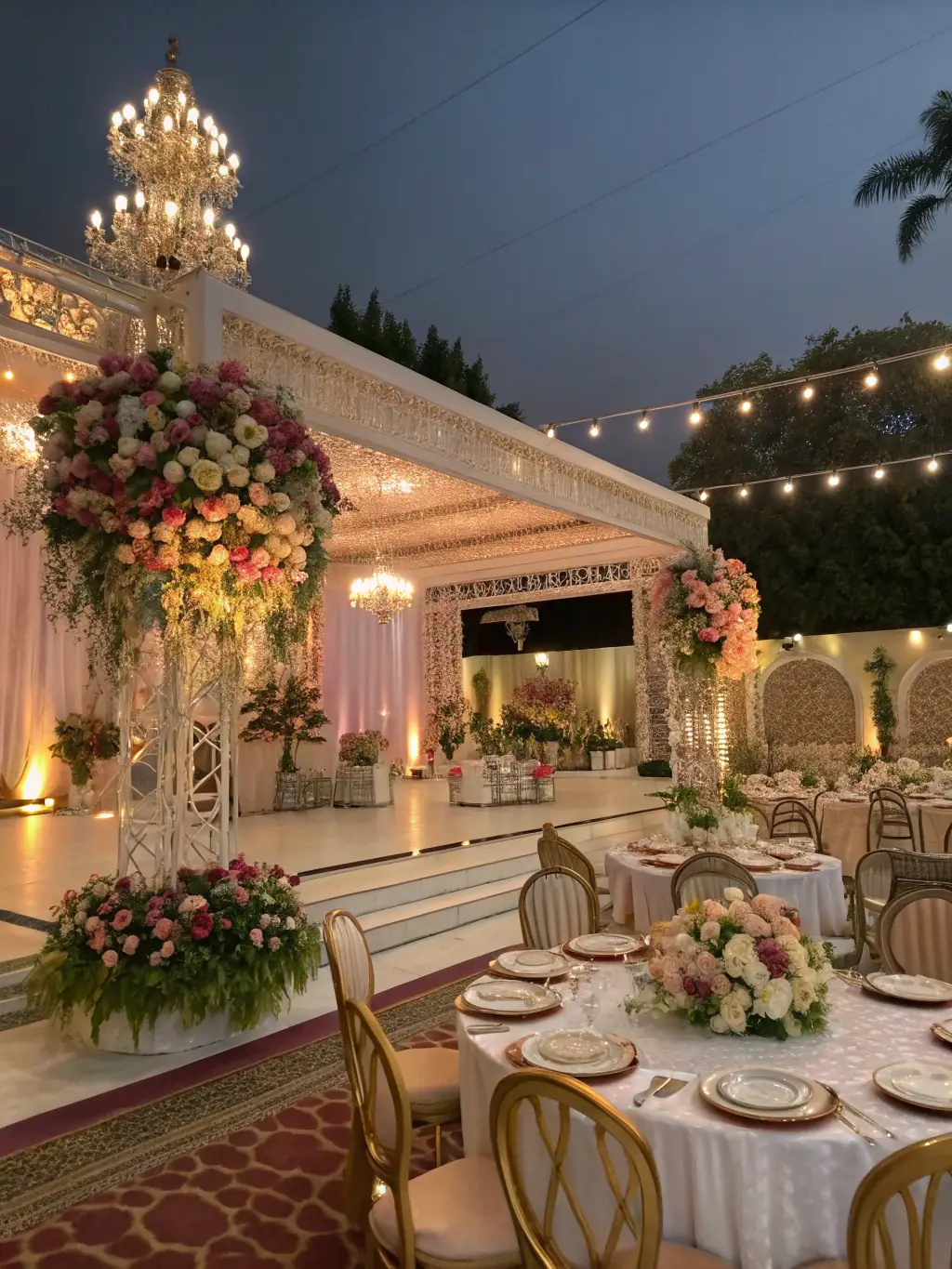 An elegant event setup with floral arrangements, drapes, and ambient lighting, creating a sophisticated and memorable atmosphere.
